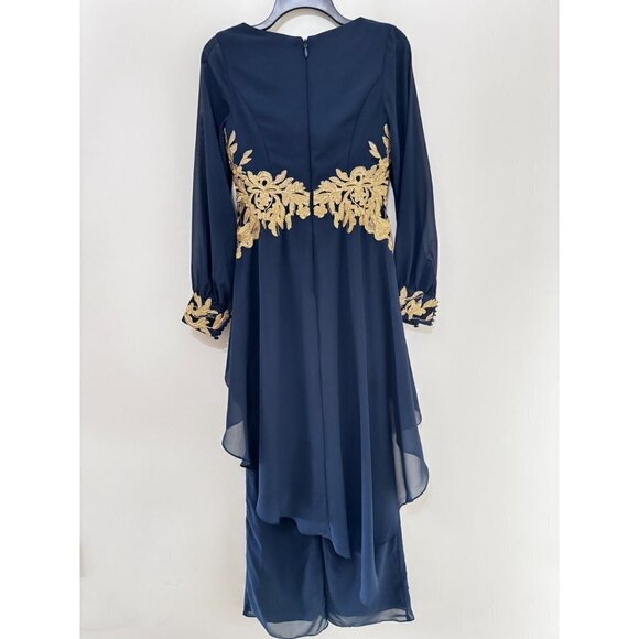 JJ ‘S Jumpsuit/Pantsuit V-Neck Floor-Length Chiffon Evening Dress With Appliques - Picture 4 of 9